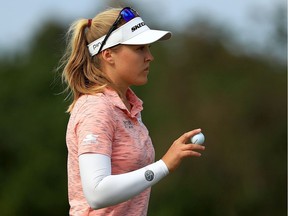 Brooke Henderson reacts to a putt on the 18th hole during the first round of the Gainbridge LPGA at Boca Rio on Thursday, Jan. 23, 2020 in Boca Raton, Fla.