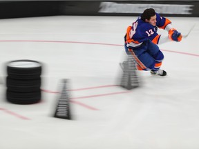 Mathew Barzal #13 of the New York Islanders competes in the Bridgestone NHL Fastest Skater during the 2020 NHL All-Star Skills Competition at Enterprise Center on January 24, 2020 in St Louis, Missouri.