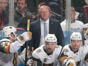 Gerard Gallant, then of the Vegas Golden Knights, looks on during first period action against the Florida Panthers at the BB&T Center on January 19, 2018 in Sunrise, Florida.