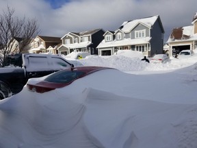 Snow covers cars in Paradise, Newfoundland, Canada January 18, 2020, in this image obtained from social media.