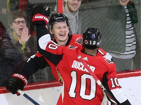 Brady Tkachuk is all smiles as he is congratulated by Anthony Duclair after scoring in third period action as the Ottawa Senators take on the Carolina Hurricanes in NHL action at the Canadian Tire Centre in Ottawa.