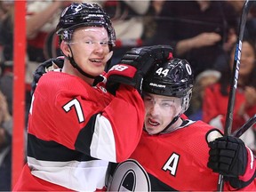 Senators forwards Brady Tkachuk, loeft, and Jean-Gabriel Pageau.