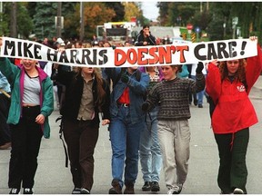 Notre Dame High School students march along Broadview Avenue after walking out of classes to protest provincial funding cuts to education and a possible teachers' strike on Oct. 1, 1997.