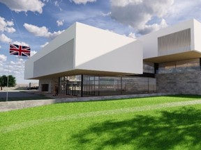 An illustration of the British High Commission's proposed office building at 140 Sussex Dr., beside the high commissioner's residence at Earnscliffe. The architect is HOK Architects.