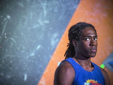 The finals for the 2020 CEC Open Boulder Nationals were held Sunday at Altitude climbing gym in Kanata. The men's winner, Guy McNamee of British Columbia gets ready to get the ok from officials to spin around and look a the problem.