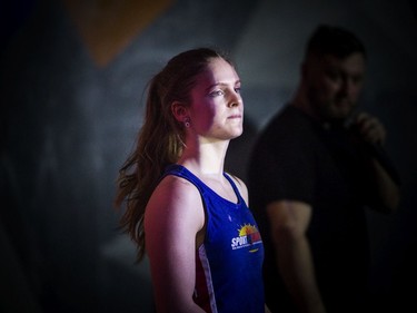 The finals for the 2020 CEC Open Boulder Nationals were held Sunday at Altitude climbing gym in Kanata. Sophie Buitendyk stands in the lighting waiting to spin around to check out her problem for the first time.