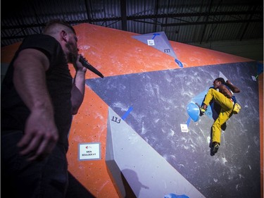 The finals for the 2020 CEC Open Boulder Nationals were held Sunday at Altitude climbing gym in Kanata. The men's winner, Guy McNamee of British Columbia works on his bouldering problem Sunday afternoon.