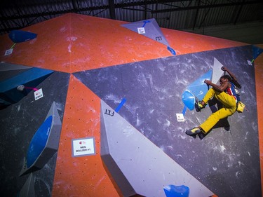 The finals for the 2020 CEC Open Boulder Nationals were held Sunday at Altitude climbing gym in Kanata. The men's winner, Guy McNamee of British Columbia works on his bouldering problem Sunday afternoon.