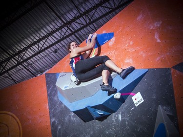 The finals for the 2020 CEC Open Boulder Nationals were held Sunday at Altitude climbing gym in Kanata.  The women's winner, Allison Vest of British Columbia was all smiles after sending a problem during the competition Sunday.
