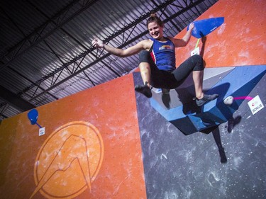 The finals for the 2020 CEC Open Boulder Nationals were held Sunday at Altitude climbing gym in Kanata. The women's winner, Allison Vest of British Columbia was all smiles after sending a problem during the competition Sunday.