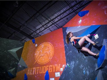 The finals for the 2020 CEC Open Boulder Nationals were held Sunday at Altitude climbing gym in Kanata.  Sophie Buitendyk of British Colombia works on her bouldering problem during the competition Sunday.