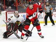 Drake Batherson looks to tip the puck past Robin Lehner during the first period as the Ottawa Senators take on the Chicago Black Hawks in NHL action at the Canadian Tire Centre in Ottawa. Photo by Wayne Cuddington / Postmedia