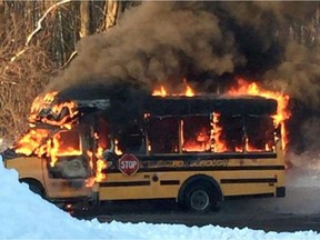 It's not a Hollywood movie set - it's Long Sault, where on Monday, January 20, 2020, a bus caught fire and burned, but thankfully nobody got hurt. Handout/Cornwall Standard-Freeholder/Postmedia Network.