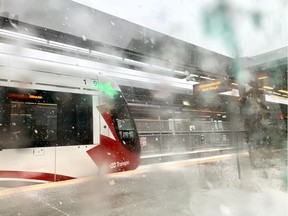 An out-of-service LRT train at uOttawa Station Saturday.