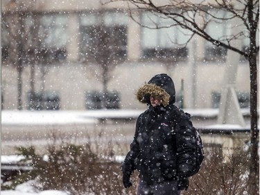 A pedestrian hustles through the uOttawa campus as rain turned to snow on Saturday afternoon.