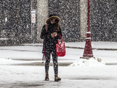 People hustle through the uOttawa campus as rain turned to snow on Saturday afternoon.