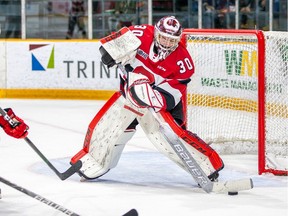 Cedric Andrèe plays the puck on Sunday when the Ottawa 67's played against the Saginaw Spirit.