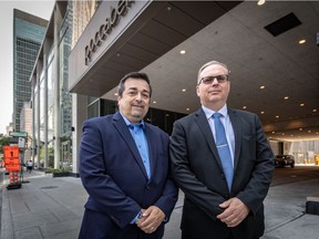 After unsuccessfully trying to deal with tenants renting out condo units on Airbnb, management of the Roccabella condo complex in downtown Montreal had to resort to hiring GardaWorld investigators to go undercover and catch the tenants in the act. Carmine Mangiante, Roccabella director of building operations, and Serge Labelle of MC Finance are seen in front of the Roccabella condo tower in Montreal.