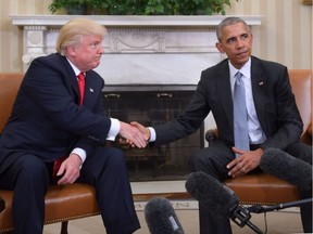 Two very different styles: Nov. 10, 2016, U.S. President Barack Obama and President-elect Donald Trump shake hands during a  transition planning meeting in the Oval Office at the White House in Washington, DC.