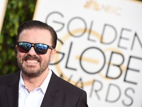 (FILES) In this file photo taken on January 10, 2016, Ricky Gervais arrives at the 73nd annual Golden Globe Awards  in Beverly Hills,