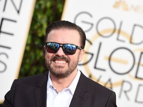 (FILES) In this file photo taken on January 10, 2016, Ricky Gervais arrives at the 73nd annual Golden Globe Awards  in Beverly Hills, California.