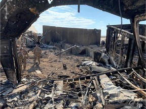 A picture taken on January 13, 2020 during a press tour organised by the US-led coalition fighting the remnants of the Islamic State group, shows a view of the damage at Ain al-Asad military airbase housing US and other foreign troops in the western Iraqi province of Anbar.