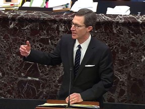 This still image taken from a US Senate webcast shows Deputy Counsel to the President Patrick Philbin speaking in the Senate Chamber at the US Capitol during the impeachment trial, on January 25, 2020 in Washington, DC.