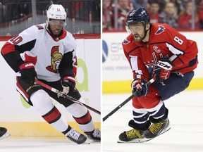 Anthony Duclair (left) of the Ottawa Senators and Alex Ovechkin of the Washington Capitals.