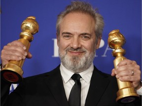 77th Golden Globe Awards - Photo Room - Beverly Hills, California, U.S., January 5, 2020 - Sam Mendes poses backstage with his awards for Best Director - Motion Picture and Best Motion Picture - Drama for "1917" .