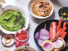 Clockwise from top left: Herbed Butter Bean Pâté with Leeks and Spinach; Chickpea Pâté with Almond, Chili and Sumac; Lacto-Fermented Radishes from Whole Food Cooking Every Day.