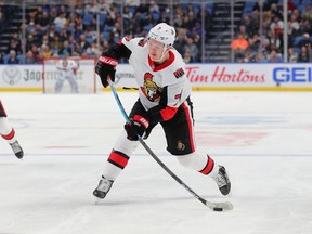 Ottawa Senators left wing Brady Tkachuk (7) takes a shot on goal during the third period against the Buffalo Sabres at KeyBank Center.