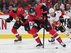 Ottawa Senators right wing Drake Batherson skates with the puck in the second period against the Calgary Flames at the Canadian Tire Centre on Saturday.
