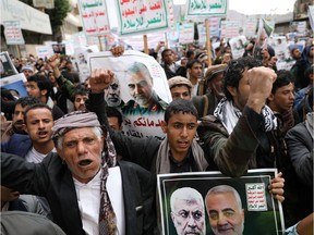 Houthis supporters rally to denounce the U.S. killing of Iranian military commander Qassem Soleimani and Iraqi militia commander Abu Mahdi al-Muhandis, in Sanaa, Yemen, on Jan. 6.
