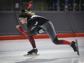 Speed skater Ivanie Blondin trains at the Olympic Oval in Calgary, Dec. 20, 2019.
