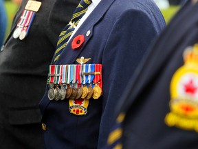 Royal Canadian Legion members display their medals during a Remembrance Day service in Madoc, Ont., in 2015.