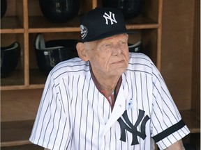 A 2018 file photo of Don Larsen, who pitched a perfect game for the New York Yankees in the 1956 World Series. He died Wednesday at the age of 90.