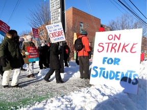Teachers picket at Churchill Alternative School in Ottawa on Monday Jan 20, 2020.