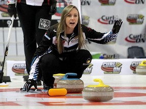 Skip Rachel Homan of the Ottawa Curling Club yells instructions during a game on Tuesday in Cornwall.