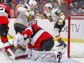 Mark Stone celebrates his wraparound goal in the second period as the Ottawa Senators take on the Las Vegas Knights in NHL action at the Canadian Tire Centre in Ottawa.