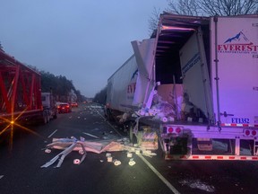 Toilet paper strewn along Highway 401 Tuesday evening.