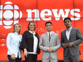Adrienne Arsenault, Rosemary Barton, Andrew Chang and Ian Hanomansing (left to right) are named the new hosts of "The National," at a news conference in Toronto, Tuesday, Aug.1, 2017.