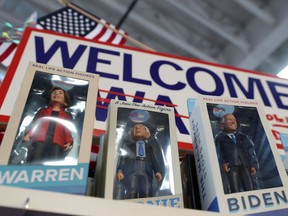 Models of Democratic 2020 U.S. presidential candidates Senator Elizabeth Warren, Senator Bernie Sanders and former Vice President Joe Biden are displayed in a store in Des Moines, Iowa, U.S., January 22, 2020.