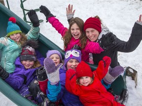 Victoria Rintoul, who works from home, is looking after her three children and three to four  others while teachers are on strike. From left are Ella Rintoul, Rosie Lisk, Kallie Rintoul, Alyssa Doughty, Leyna Doughty, and Alanna Rintoul.