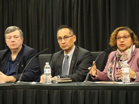 From left at Monday afternoon's press conference at NAV Centre are Dr. Paul Roumeliotis, Dr. Howard Njoo and Cornwall Mayor Bernadette Clement.