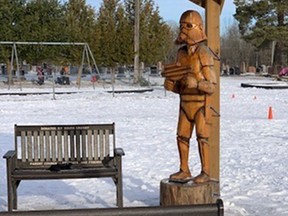 This hand-carved stormtrooper, part of a memorial dedicated to eight-year-old South Crosby Public School student Parker Simpson, who died of cancer in 2017, was vandalized and stolen over the weekend.