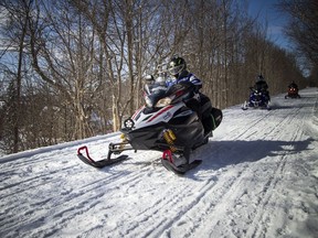 Snowmobiles on the Ottawa Valley Rail Trail in Almonte.