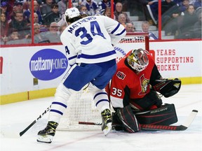 Auston Matthews of the Toronto Maple Leafs gets the puck past Marcus Hogberg of the Ottawa Senators on the short side in the first period at Canadian Tire Centre on Satruday, Feb. 15, 2020.