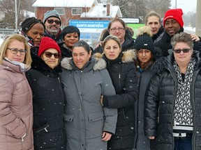 L to R: Carole Lamontagne, Josée Florence Nkoro, Amal Salibi, Yves Guignard Lubin, Sandrine Muata, Roxanne Girard, Carole Milette, Sue Mackenzie, Rania Malek, Isabelle Lefebvre, Lafleur Francisco, Rachelle Ferron.  All school administrators, support staff also involved in the labour disputes that have hit Ontario schools, February 13, 2020.