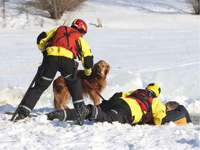 Ice water rescue simulation on the Ottawa River of a dog walker falling through the ice, February 21, 2020.