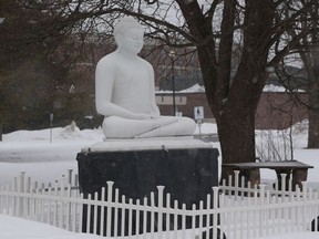 The statue of Buddha outside the Hilda Jayewardenaramaya Buddhist Temple has been vandalized again, February 26, 2020.